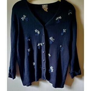 Vintage Clio Womens L Black Silk Cotton Cardigan Sweater Ribbon Flowers Cottage